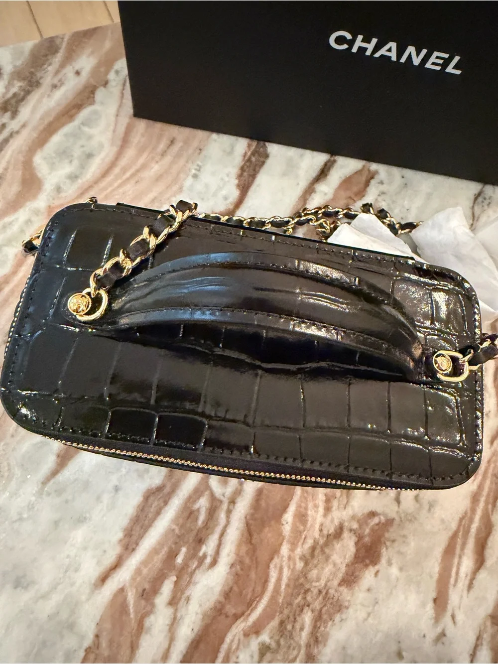 CHANEL Black Croc-Embossed Vanity Box Bag with Gold Hardware new with box